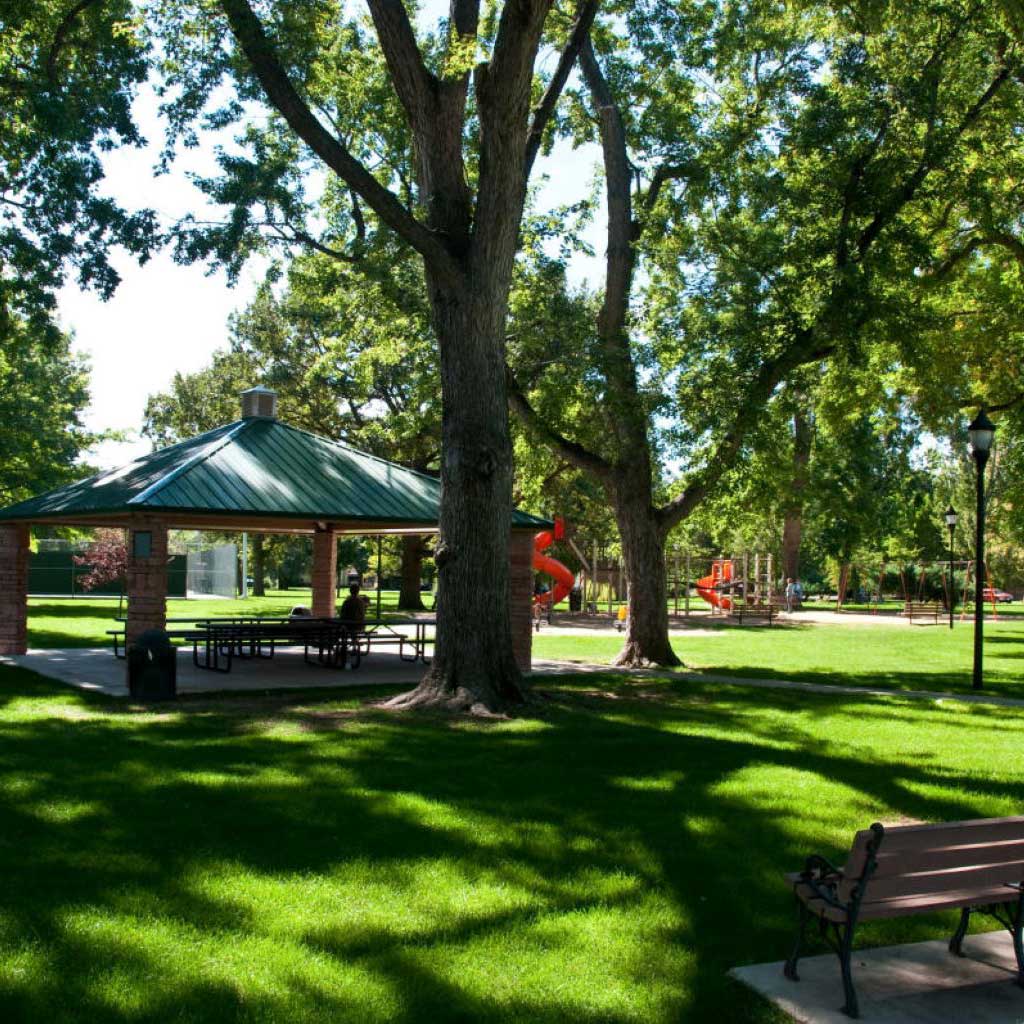 Park with trees, green grass and playground, Berthoud Junk Removal