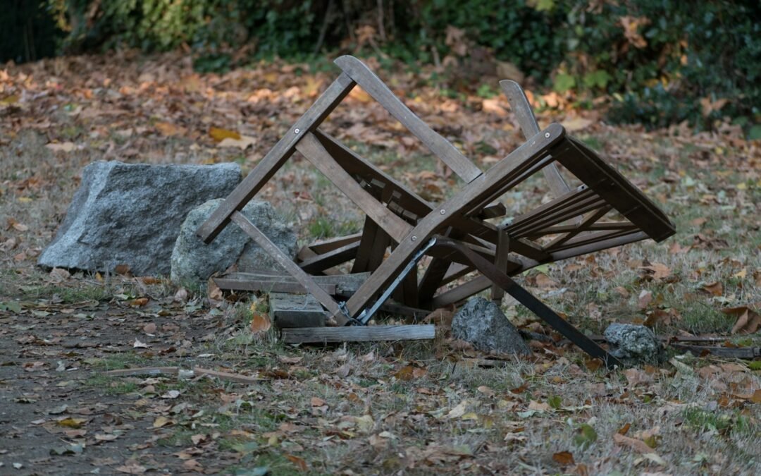 a broken wood bench
